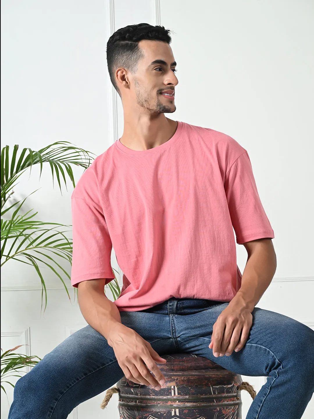 Perfect Fit Wear Relaxed Oversized 100% Cotton Solid Tee ?C Peach