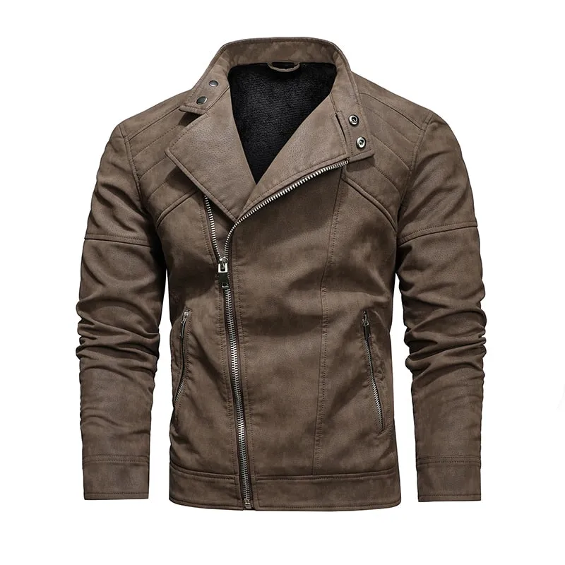 Transitional Clothing West Louis? Fleece Warm Diagonal Zipper PU Jacket