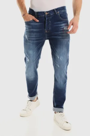 White Rabbit Stylish Ripped Wash Out Casual Jeans -Dark Blue Breathable fabric technology