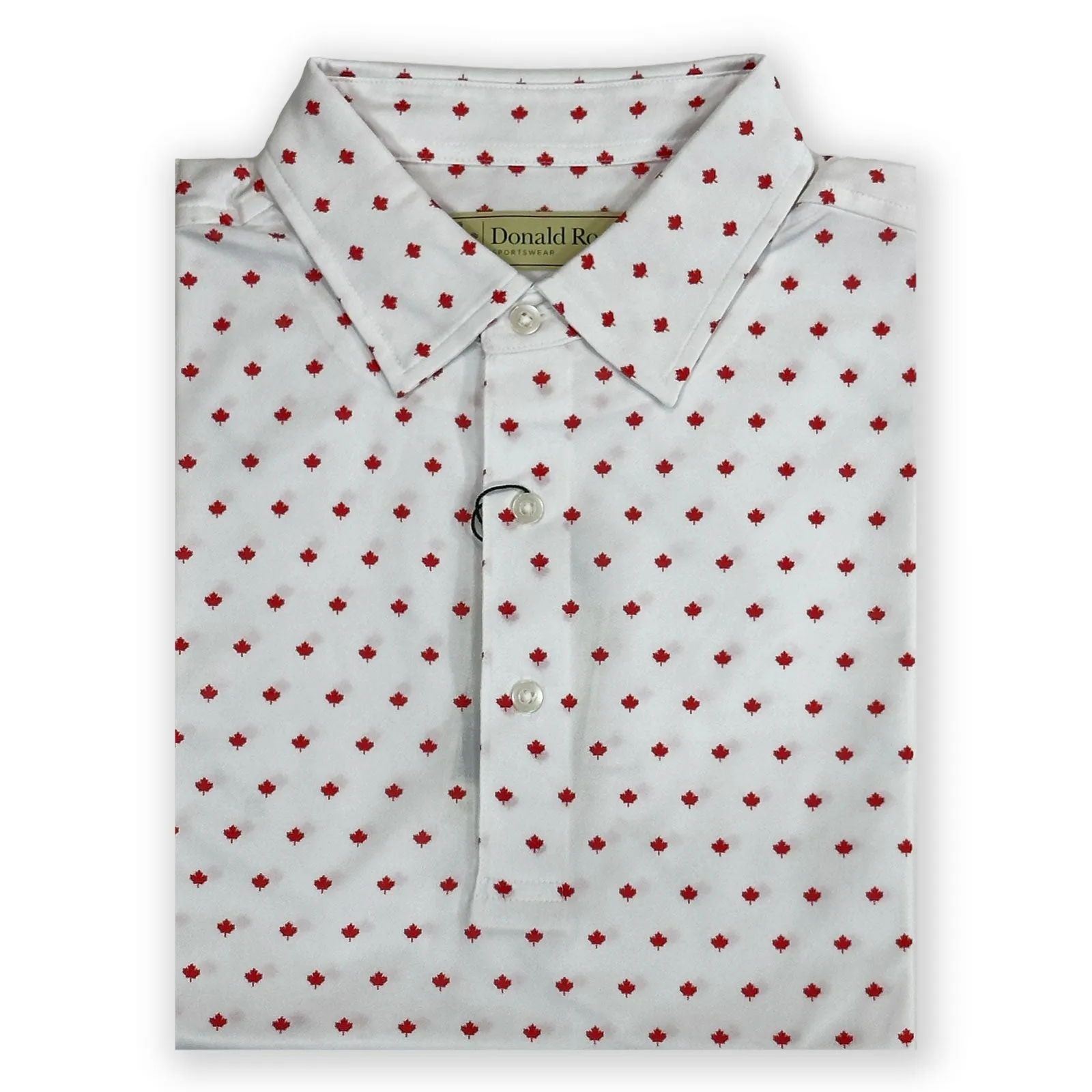 DoubleLayered Fabric Donald Ross Mens Maple Leaf Print Polo Shirt- WHITE / MOROCCO