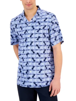 Men's Pineapple Printed Buttons Down Shirt,Blue On-The-Go Style Stretchy Cloth