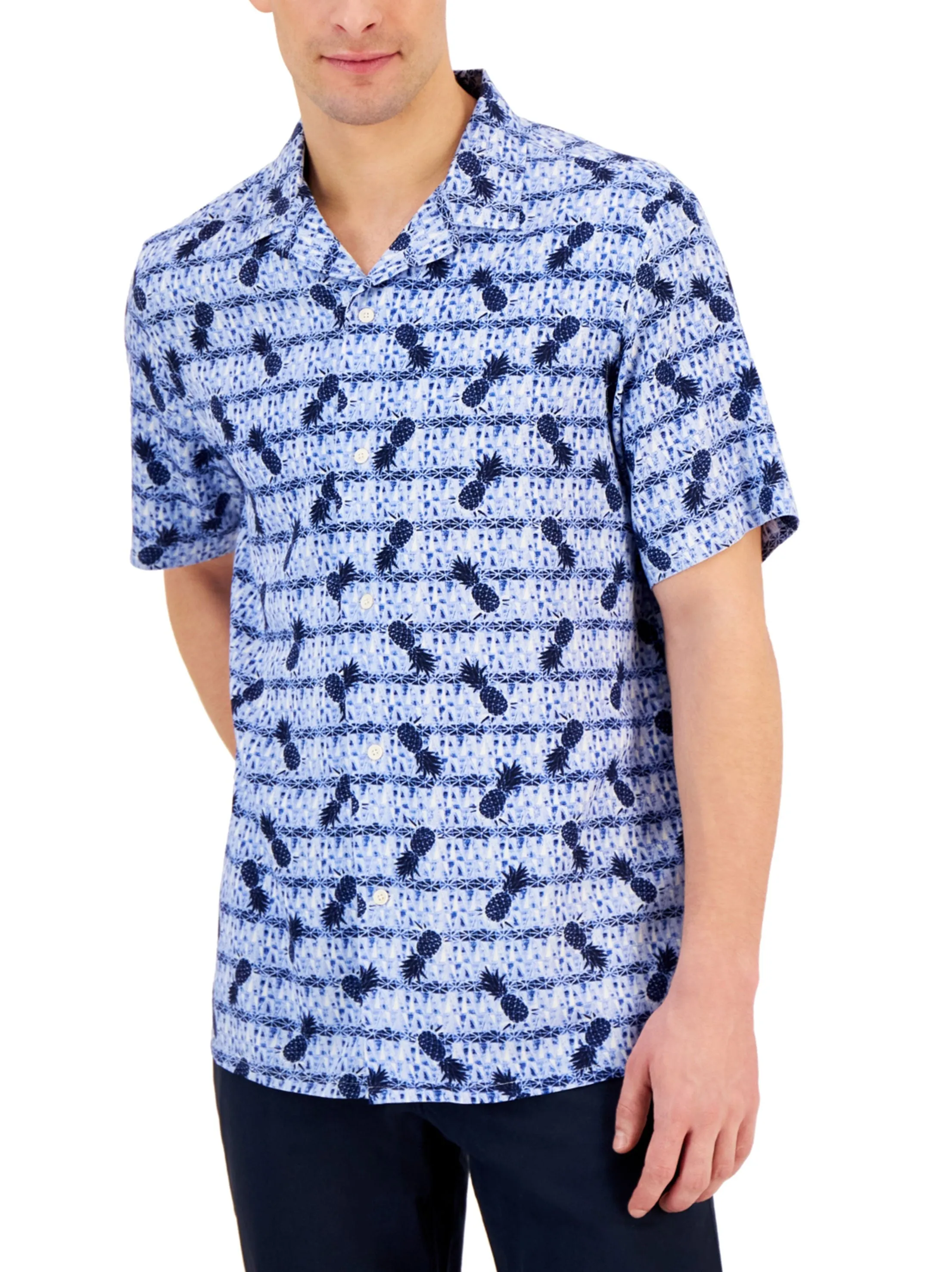 Men's Pineapple Printed Buttons Down Shirt,Blue On-The-Go Style Stretchy Cloth