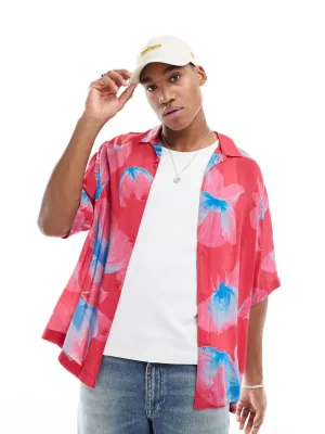 Men's Floral Printed Boxy Shirt,Pink Practical Choice Easy Care Material
