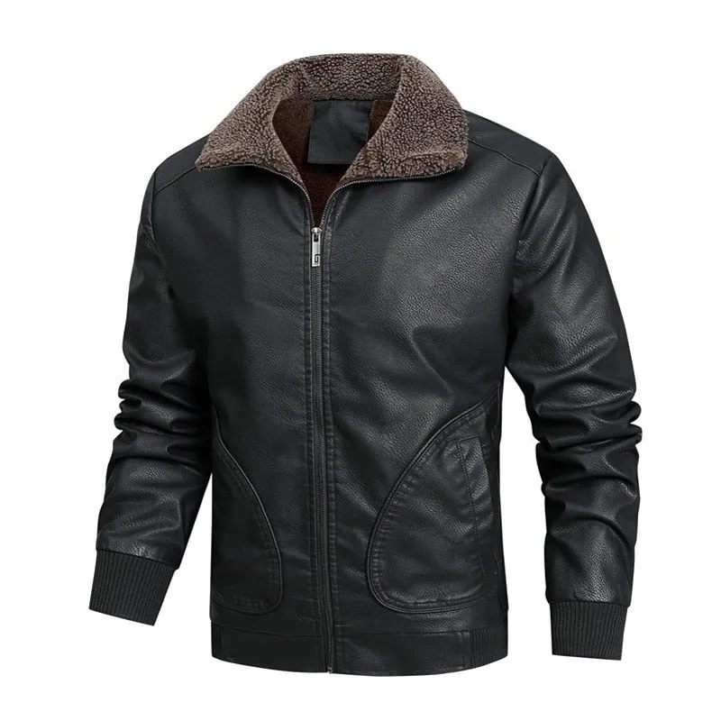 West Louis? Fleece Collar Business Style Leather Jacket SlipResistantHem Comfort Wear