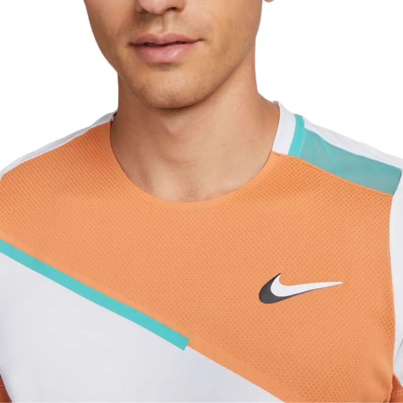 Performance Fit Wear Nike Court Dri-FIT Slam Mens Tennis Top - White/Hot Curry/Wahed Teal/White