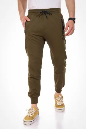 Smart Utility Zipped Pockets Slip On Sweatpants With Hem - Military Green