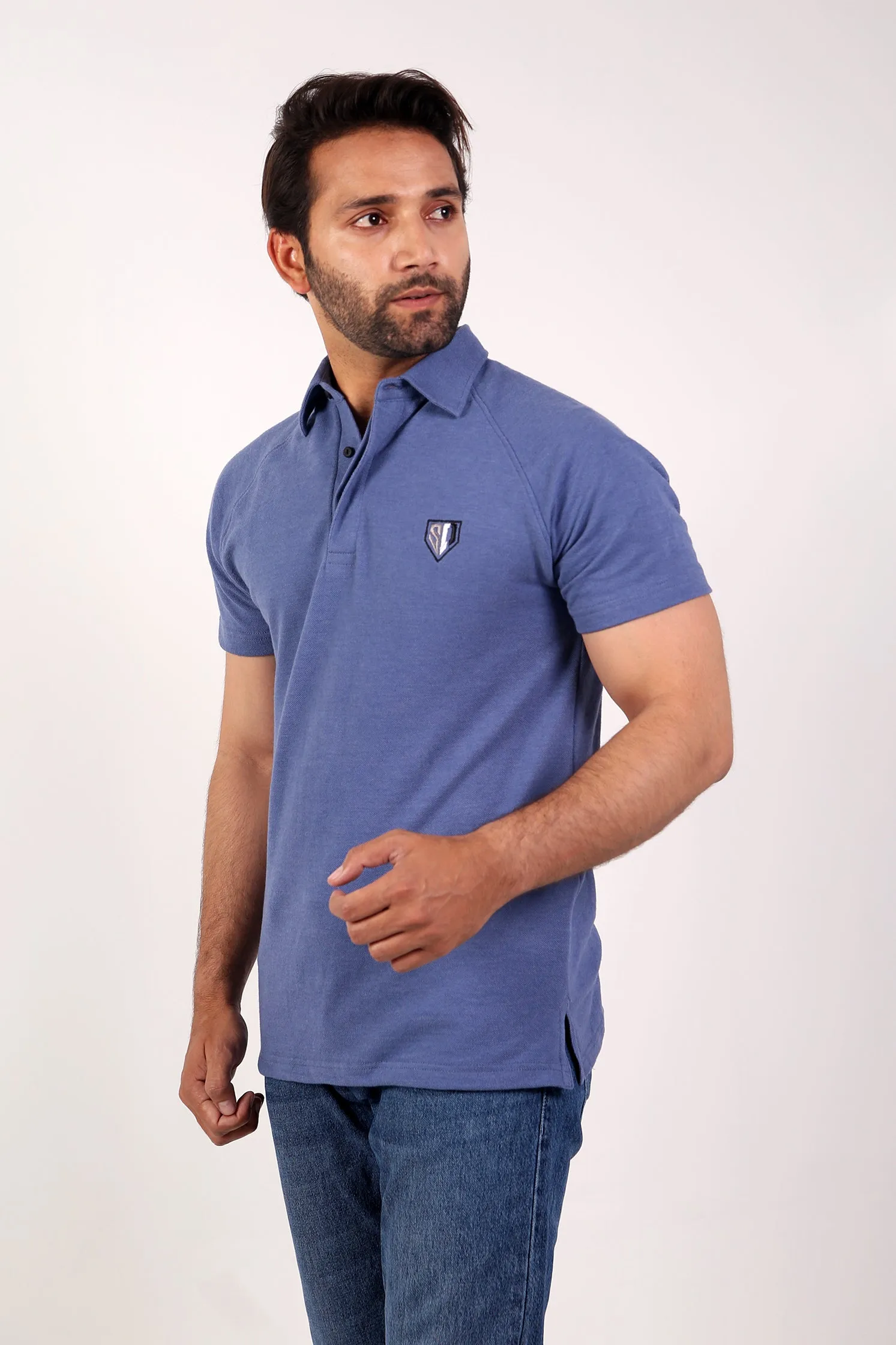 MEN'S POLO TEAL BLUE FRONT EMB light layering