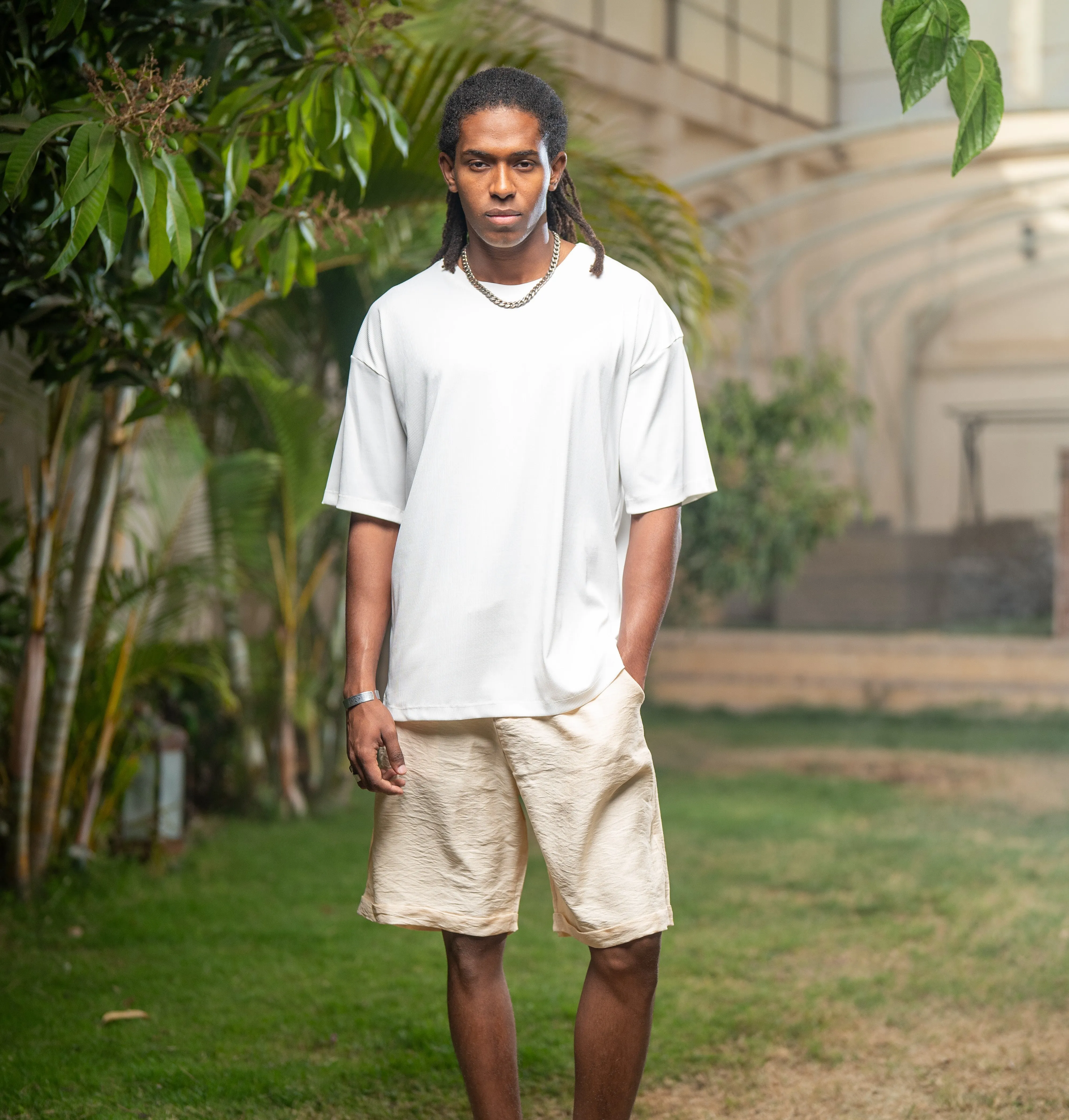 Oversized Linen Shorts - Beige UV Protection Adjustable Drawcord