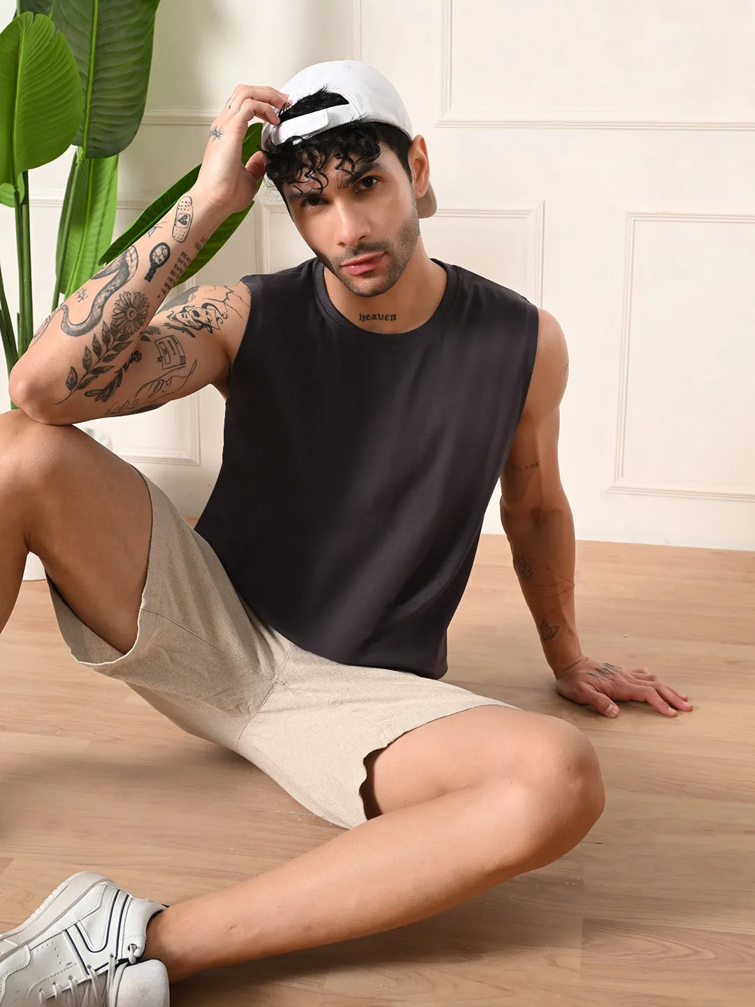 Easy-Wear Solid Charcoal Cotton Sando Velvet Soul LightweightKnit