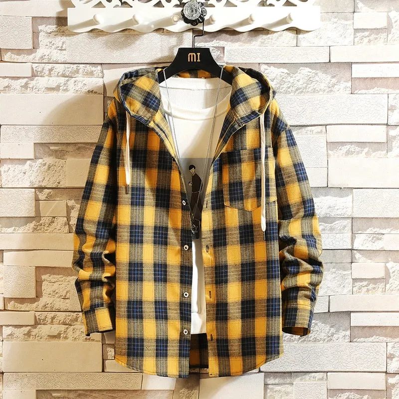 Essential Minimal West Louis? Streetwear Plaid Loose With Hooded Shirt