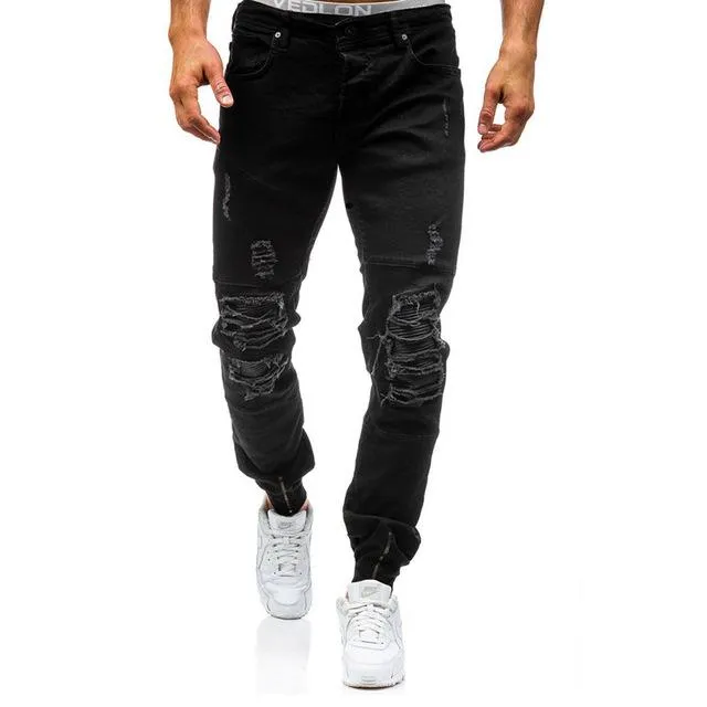 Reinforced Belt Loops Relaxed Waist Fit West Louis? Hip Hop Washed Men Skinny Hole Jean