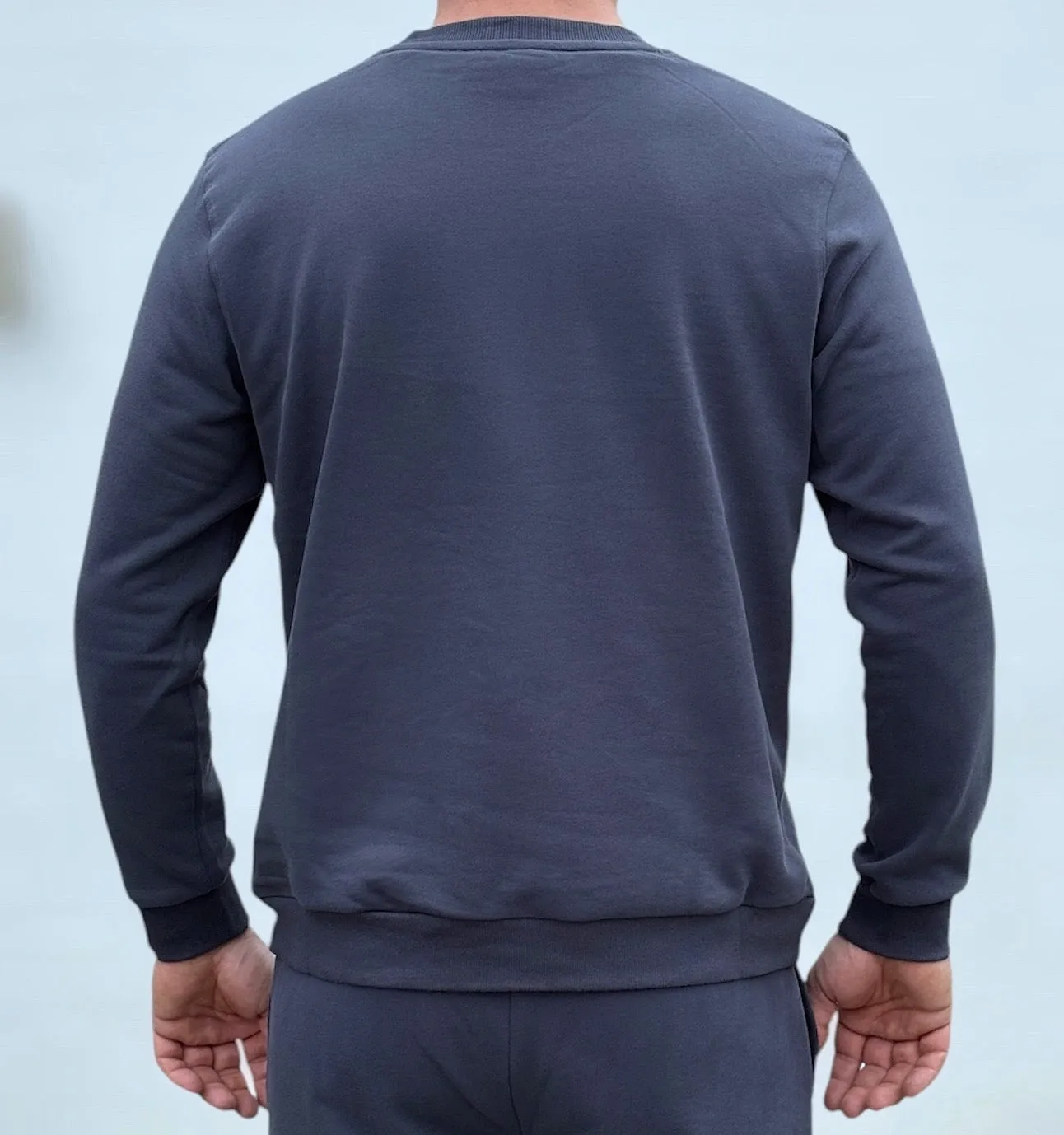 Mr. Rafal Crewneck Sweater -Steel Blue Patchwork Road Trip