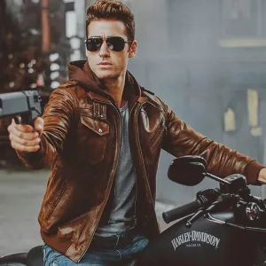 West Louis? Removable Hooded Genuine Leather Breathable Material