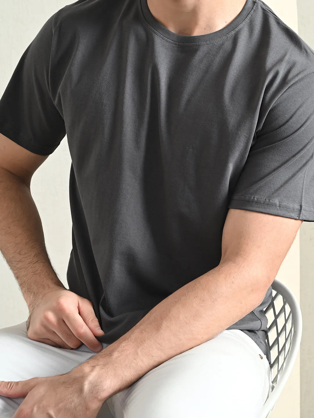 Comfy 100% Cotton Solid Regular Fit Tee - Charcoal Relaxing Fit