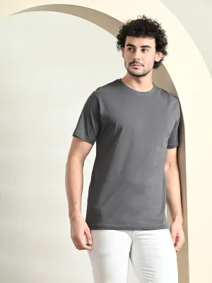 Comfy 100% Cotton Solid Regular Fit Tee - Charcoal Boat neck style Sporty Look Wear