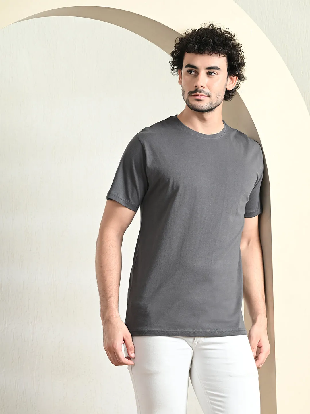 Comfy 100% Cotton Solid Regular Fit Tee - Charcoal Boat neck style Sporty Look Wear