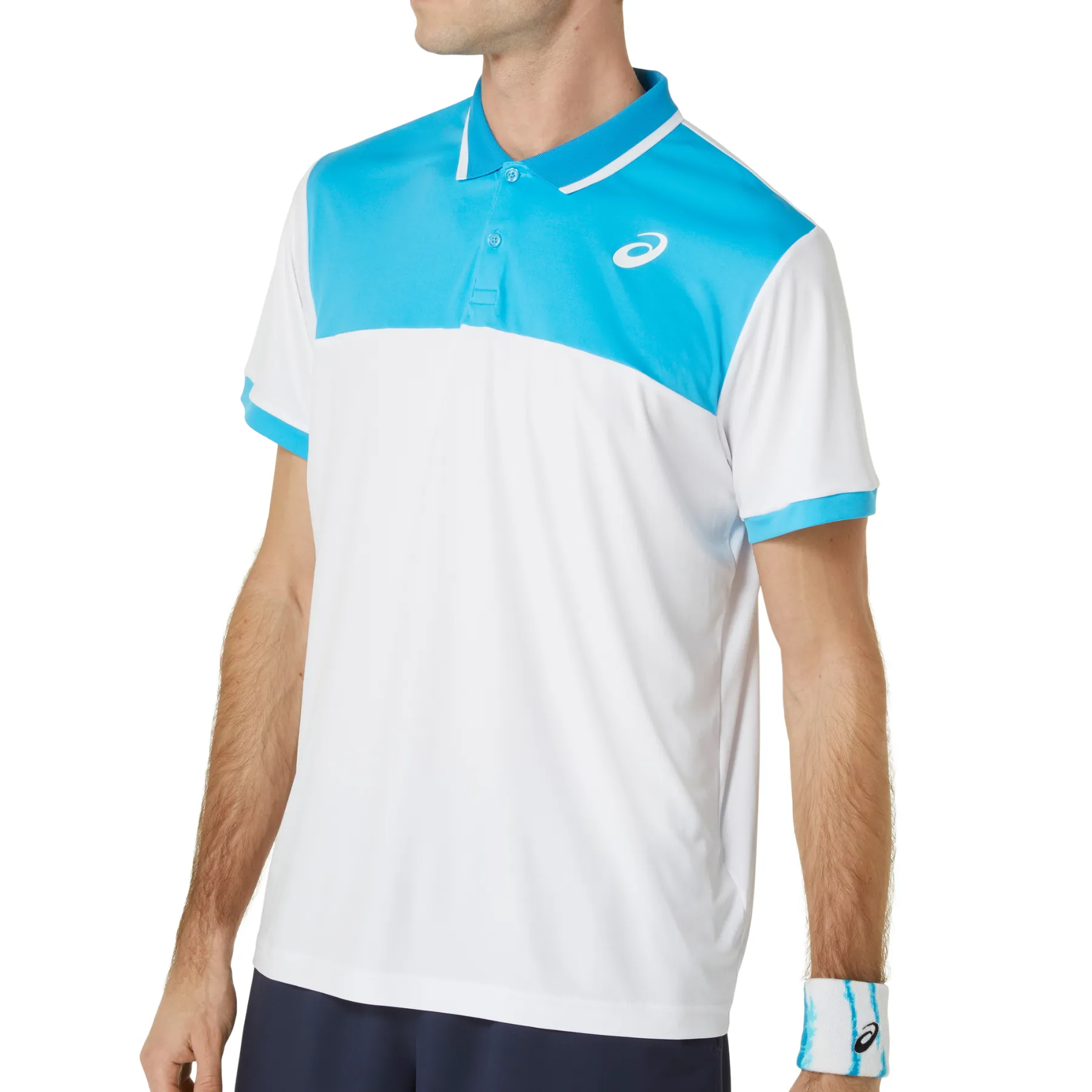 Street Trendy Stretch Fit Design Asics Court Polo Men Tennis Shirt - Brilliant White/Digital Aqua