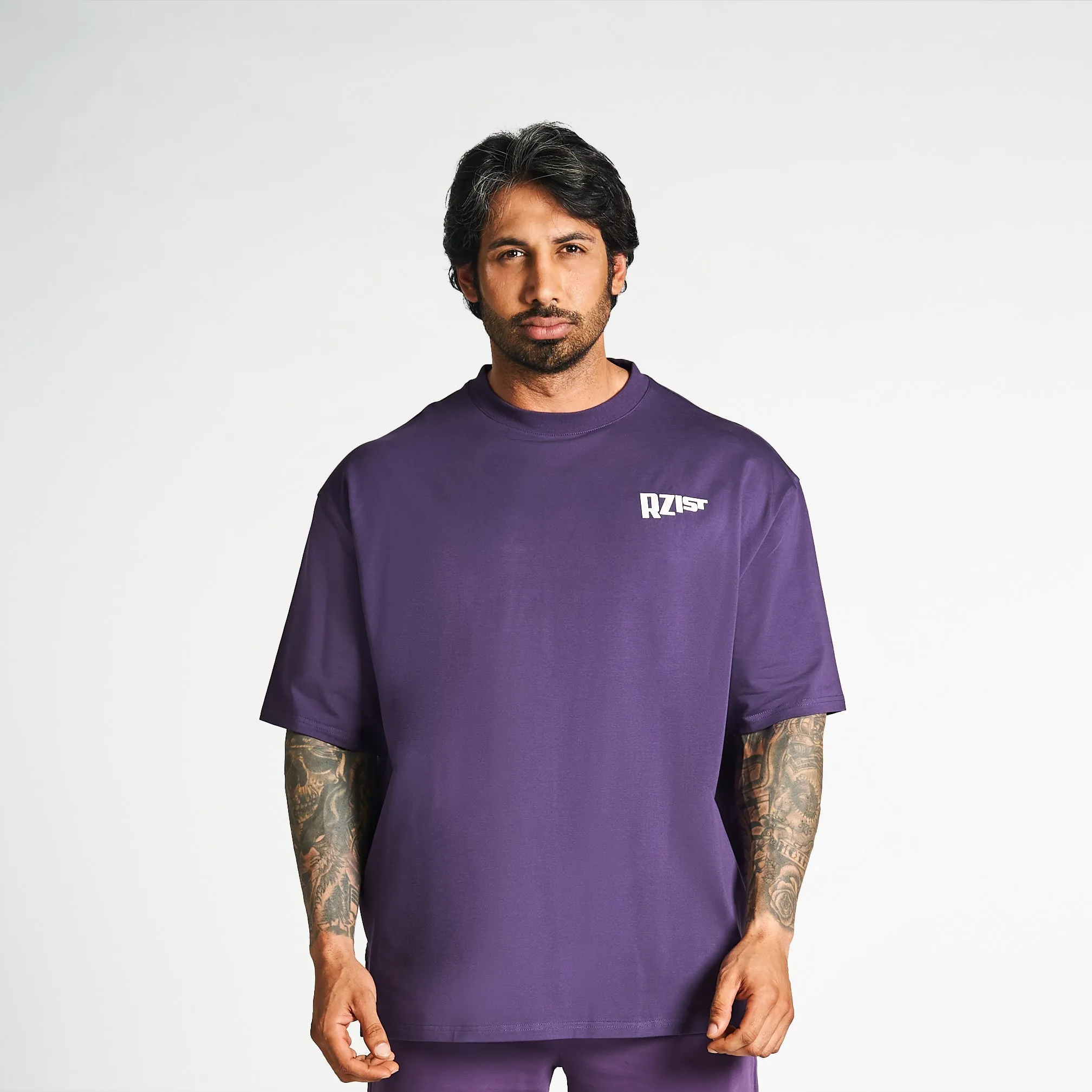 Crew Neck Design Never Settle Oversized Drop-Shoulder Tee - Purple