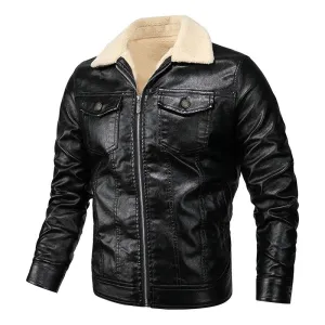 West Louis? Fleece Collar Warm Biker Leather Jacket Layered Hem Details Collapsible Hood