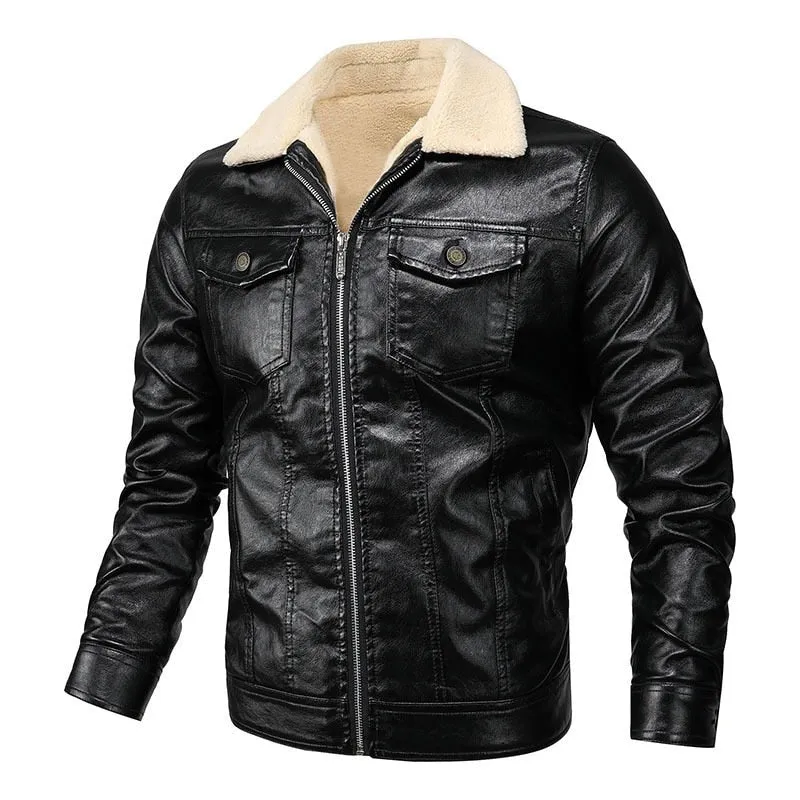 Minimalist Style West Louis? Fleece Collar Warm Biker Leather Jacket