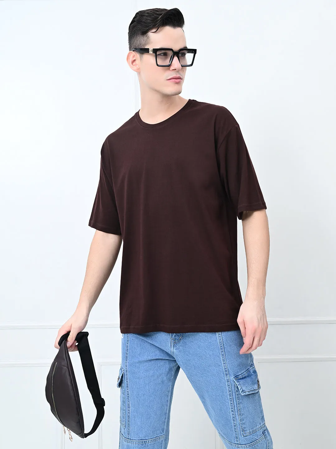 Stretch Fit Relaxed Oversized 100% Cotton Solid Tee ?C Coffee