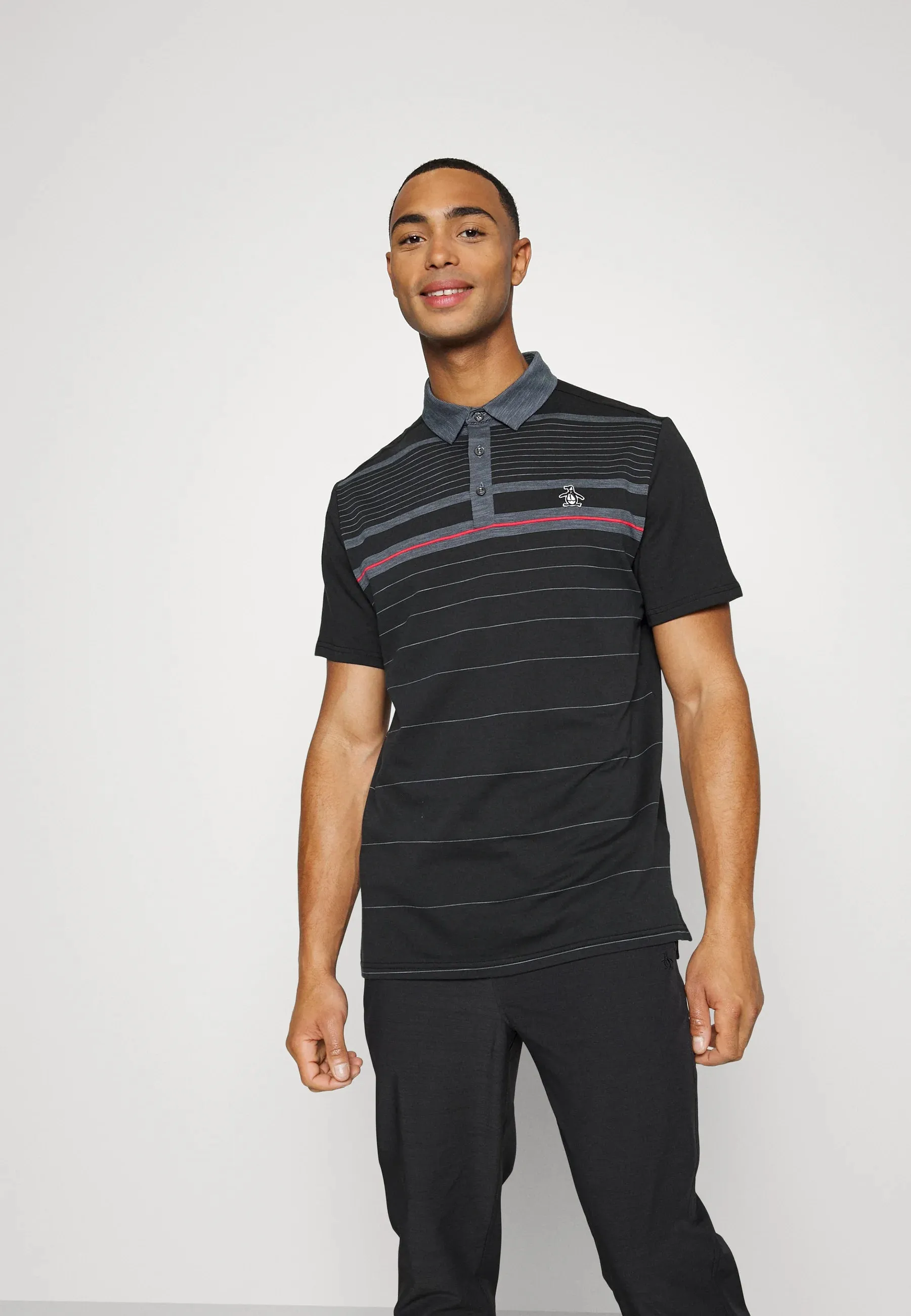 Original Penguin Mens Heritage Fine Line Stretch Golf Polo Shirt - CAVIAR Lightweight Design Placket Reinforcement