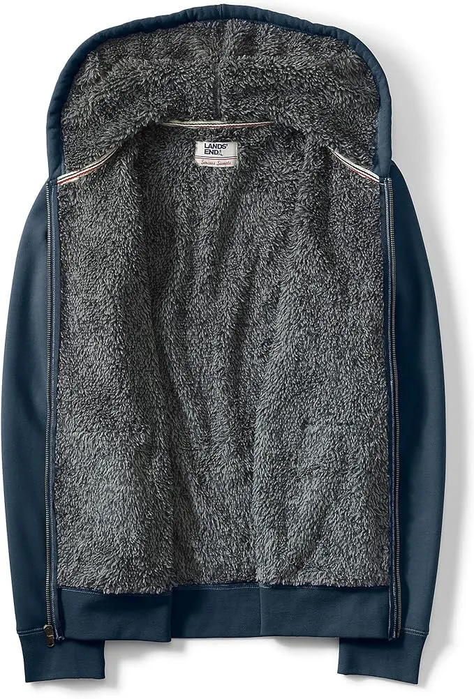 Lands' End Men's Serious Sweats Full Zip Sherpa Fleece Hoodie - Navy Contrast Trim Cotton Blend