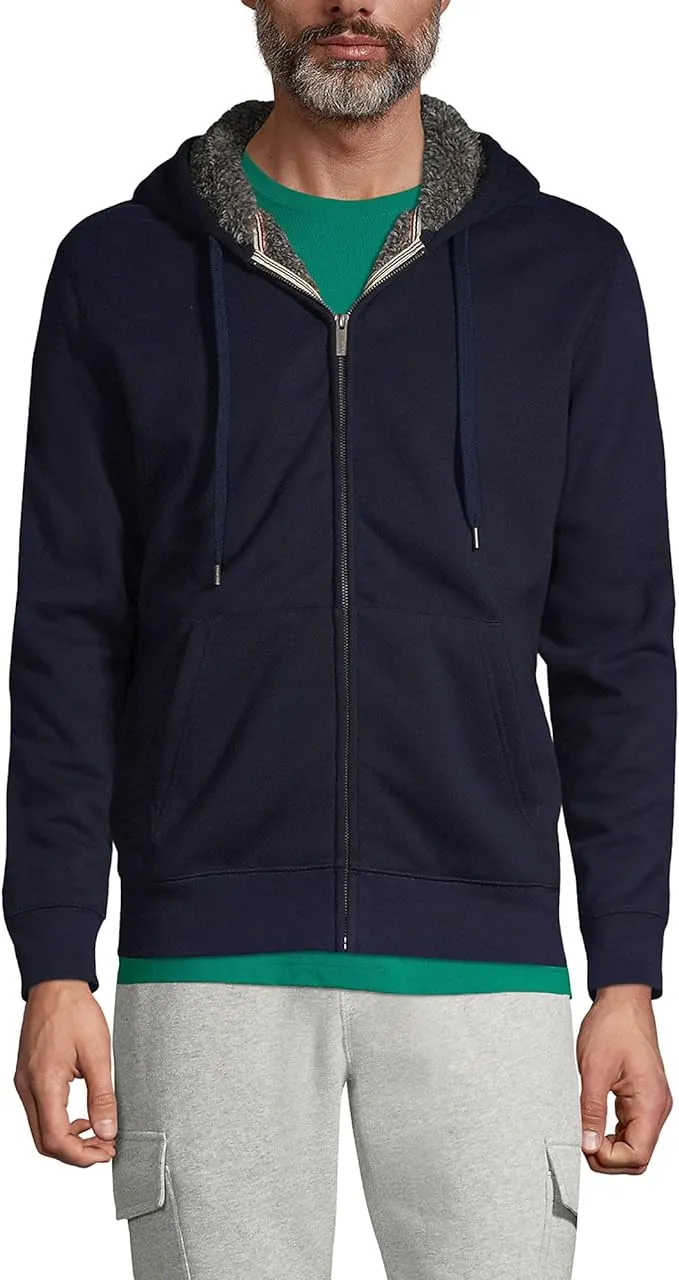 Lands' End Men's Serious Sweats Full Zip Sherpa Fleece Hoodie - Navy Cozy Outerwear Essential Layer