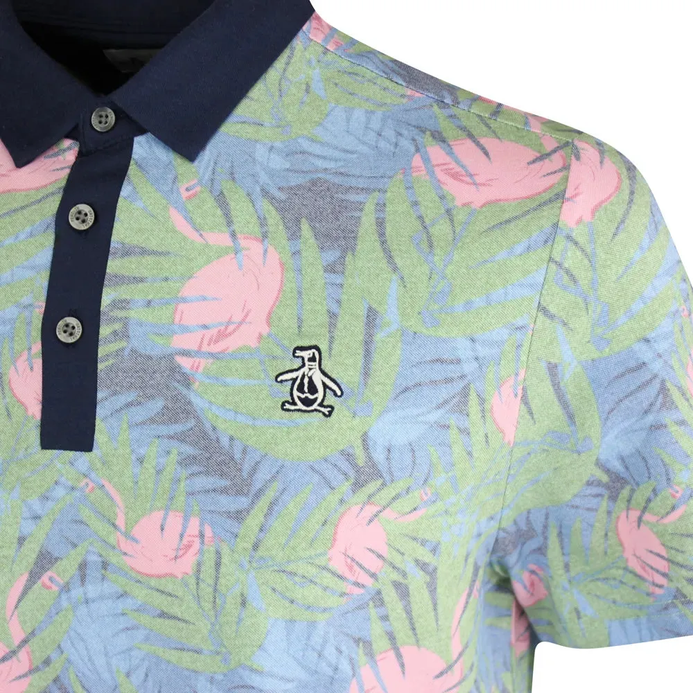 Relaxed Wearable Comfort Fit Original Penguin Mens Filtered Flamingo Print Stretch Golf Polo Shirt - BLACK IRIS