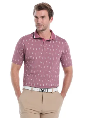 Mens Geo Cocktail Print Golf Polo SoftCheckered Weave Breathable Layer