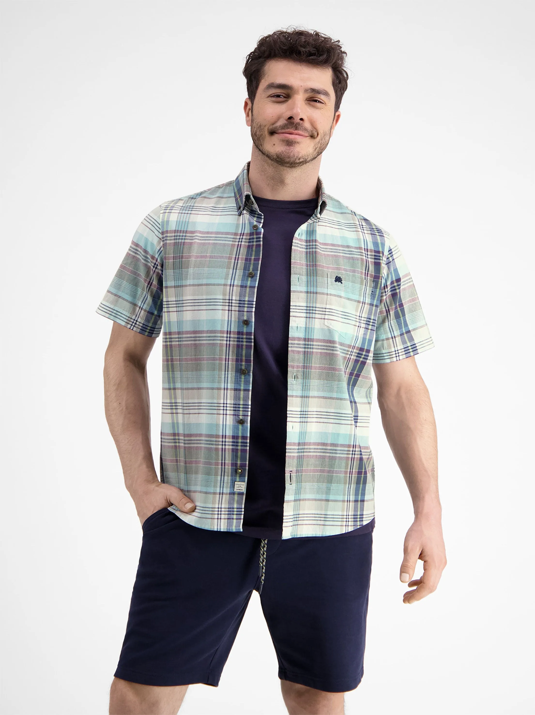 Men's Brand Logo Embroidered Plaid Dress Shirt,Multi Lounge Wear Subtle Print
