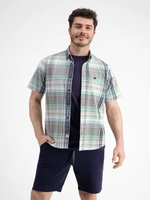 Men's Brand Logo Embroidered Plaid Dress Shirt,Multi Lounge Wear Subtle Print
