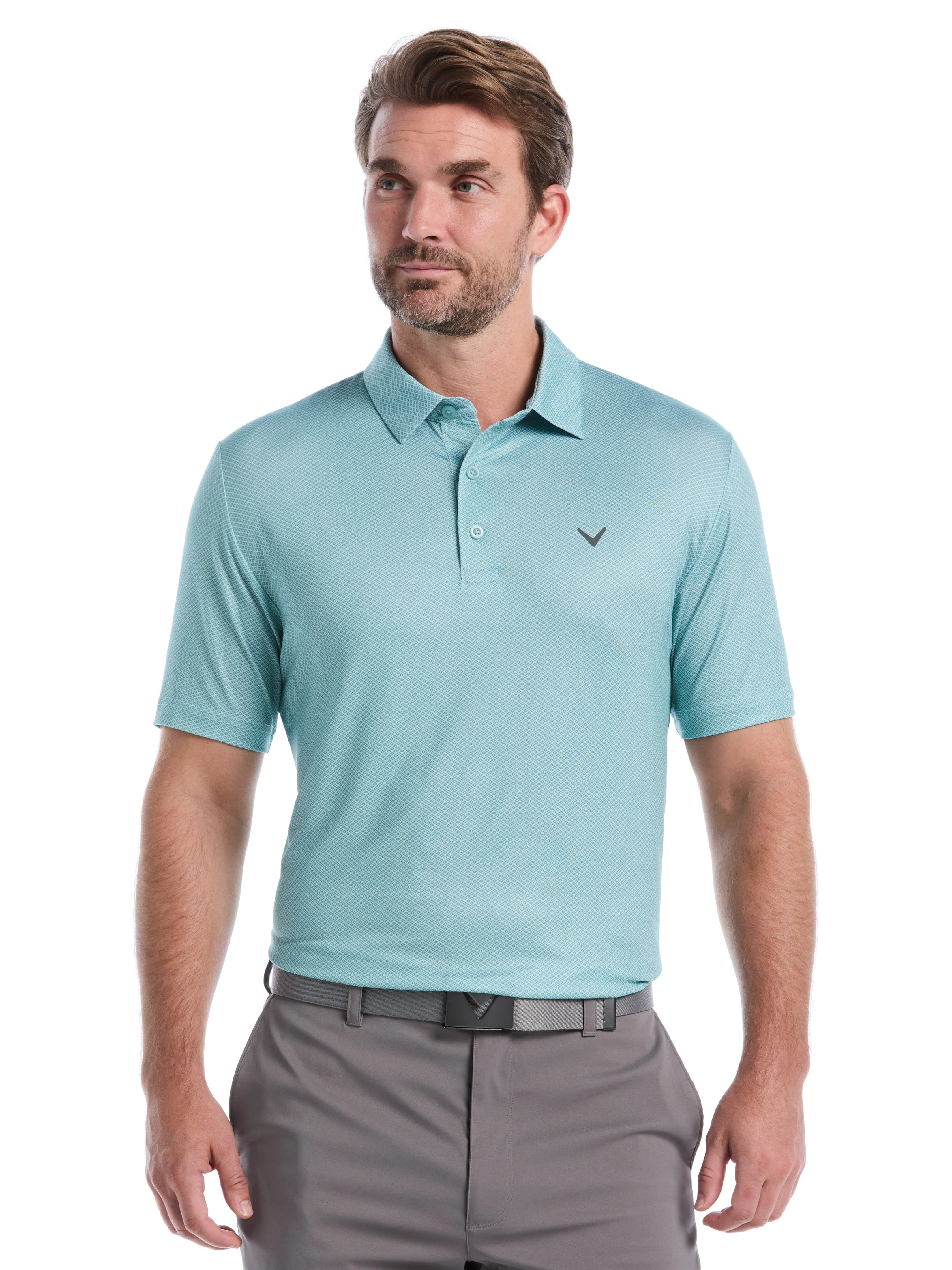 All Day Comfort Mens Heather Geo Print Golf Polo