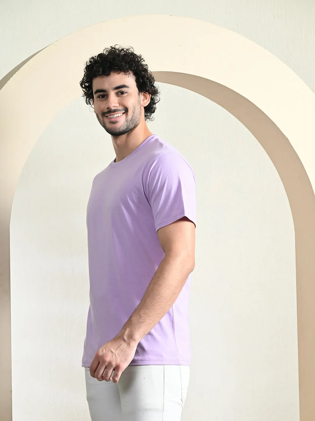 Comfy 100% Cotton Solid Regular Fit Tee - Lavender Timeless Fit