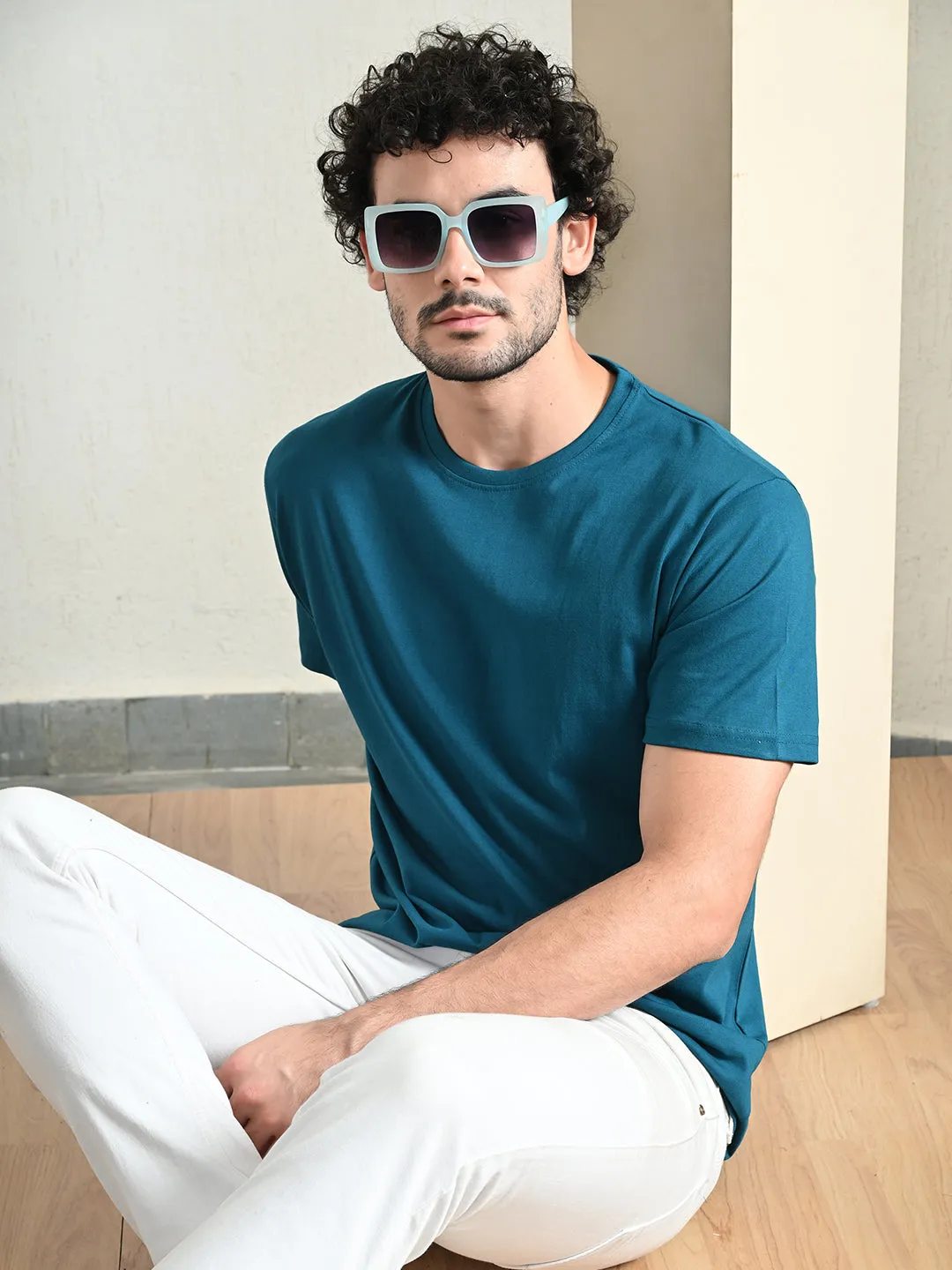 Trendy Piece Comfy 100% Cotton Solid Regular Fit Tee - Teal