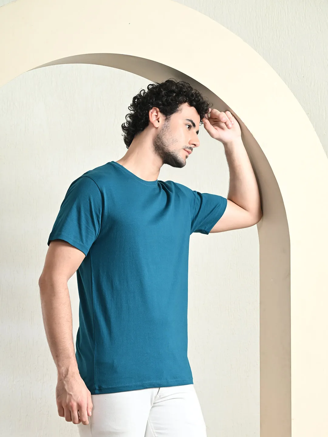 informal gathering Comfy 100% Cotton Solid Regular Fit Tee - Teal