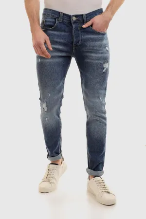 Slim Fit Cotton Jeans With Scratches - Wash Standard Blue Comfortable Waistband Vintage Inspired Weave