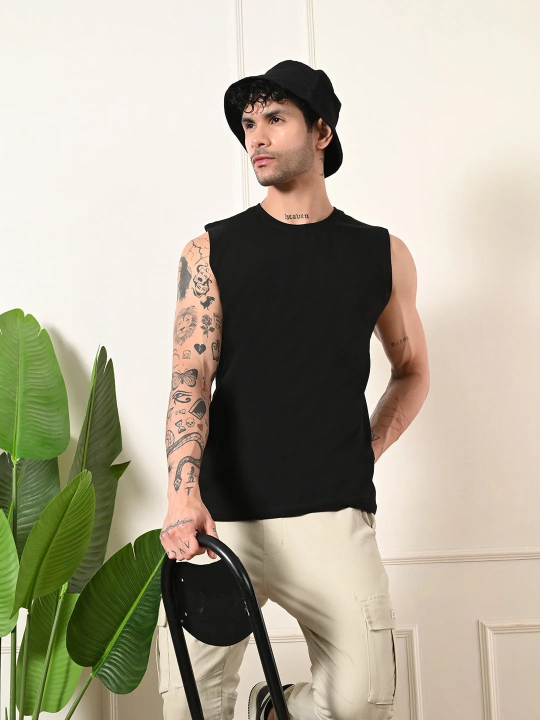 Comfortable Outfit Reinforced Hem Easy-Wear Solid Black Cotton Sando