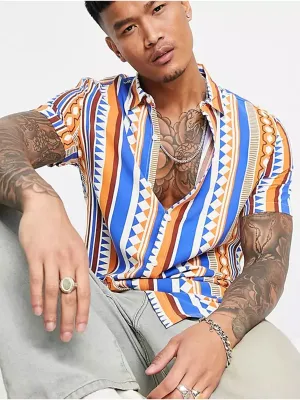 Layered Sleeve Cuffs Men's Striped/Printed Shirt,Multi