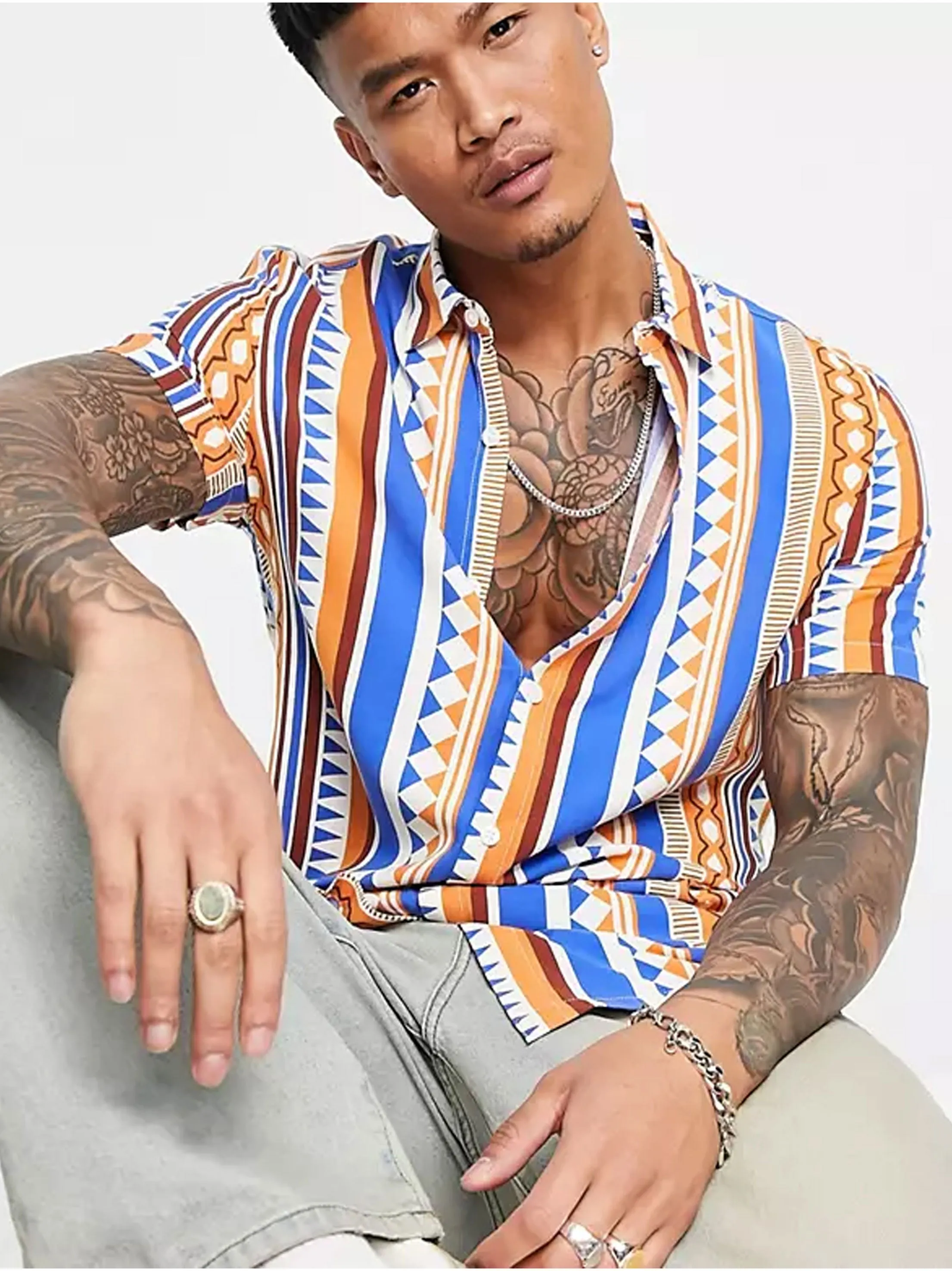 Layered Sleeve Cuffs Men's Striped/Printed Shirt,Multi