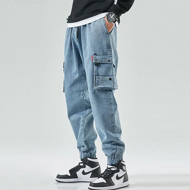 Flexible Movement West Louis? Street Style Cargo Harem Denim Jogger Trousers