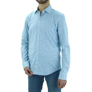 Odor Control Technology Subtle Print Men's Printed Stretchy Casual Shirt,Blue