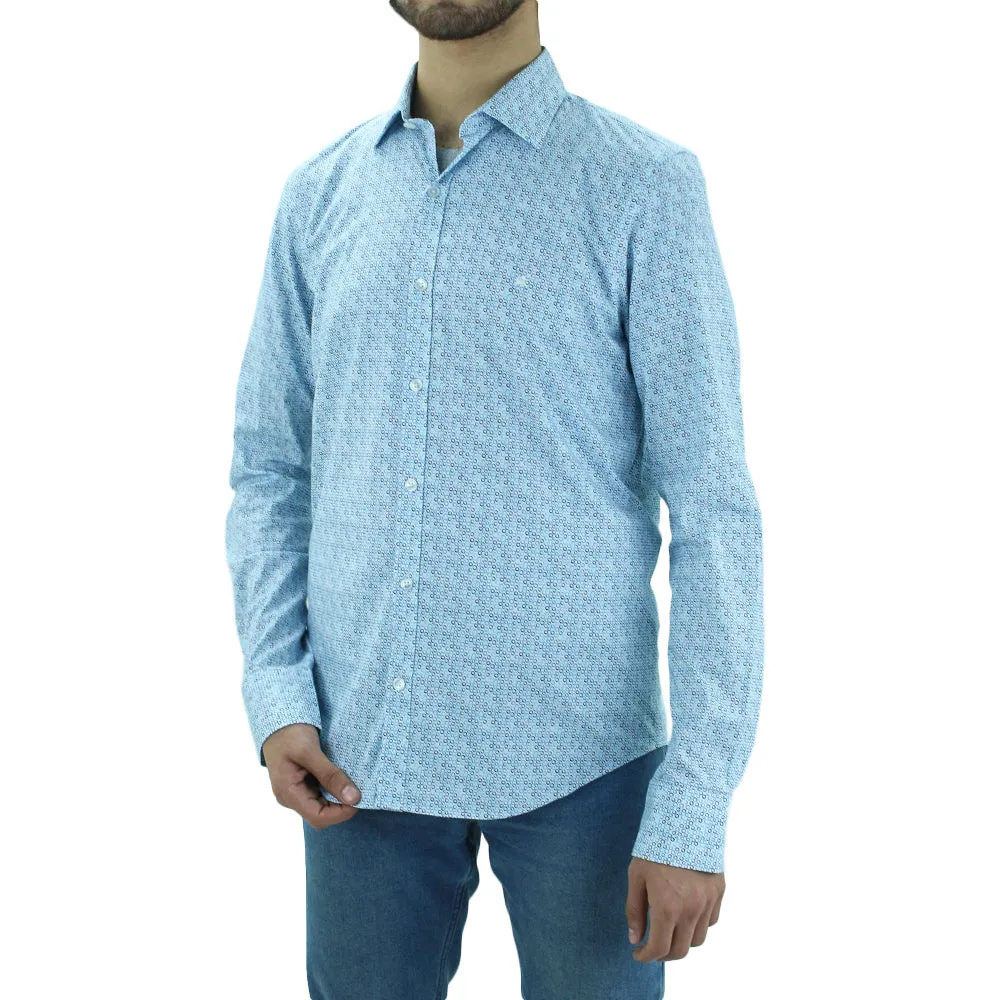 Odor Control Technology Subtle Print Men's Printed Stretchy Casual Shirt,Blue