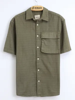 Men's One Side Pocket Textured Chemise,Olive Green Durable Thread Construction Boho chic