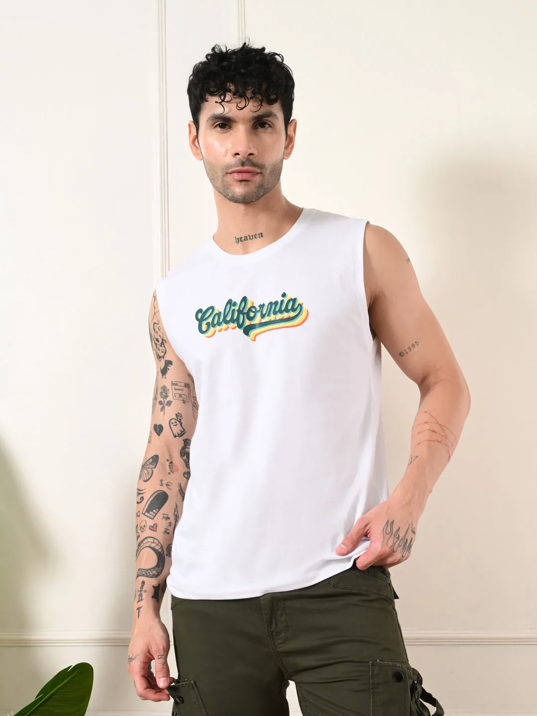 Easy-Wear California Colorful Print Cotton Sando ?C White OdorControlClothing ReinforcedStitching