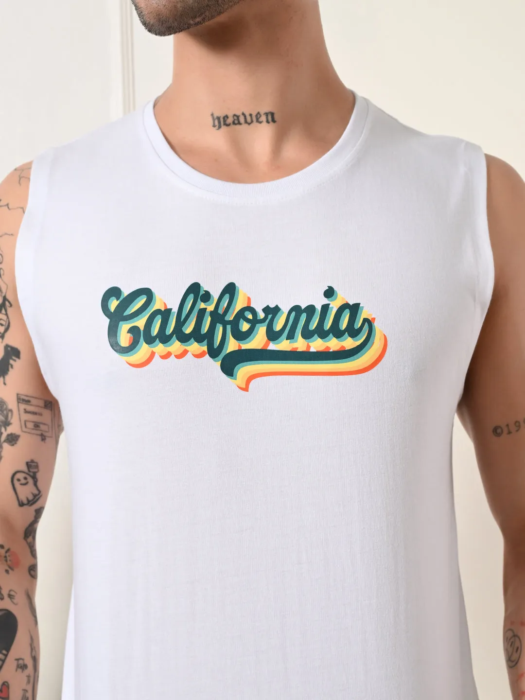 GridTexture CompressiveFitFabric Easy-Wear California Colorful Print Cotton Sando ?C White
