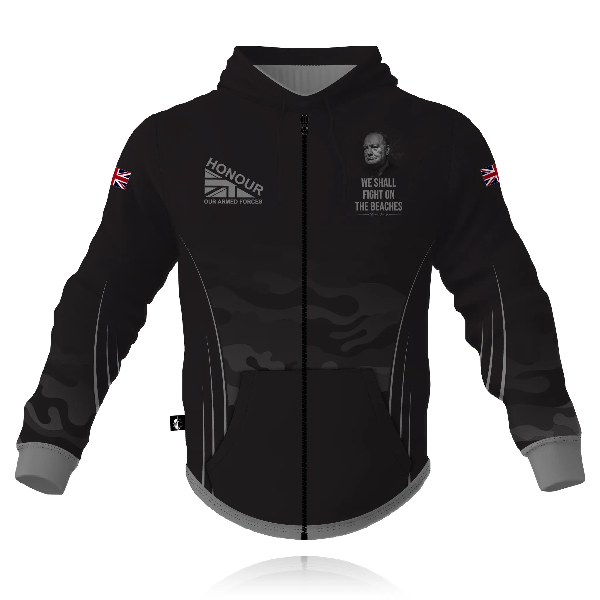 Essential Outerwear Urban Bold Winston Churchill "We Shall Fight on the Beaches"?- Full Zip Tech Hoodie