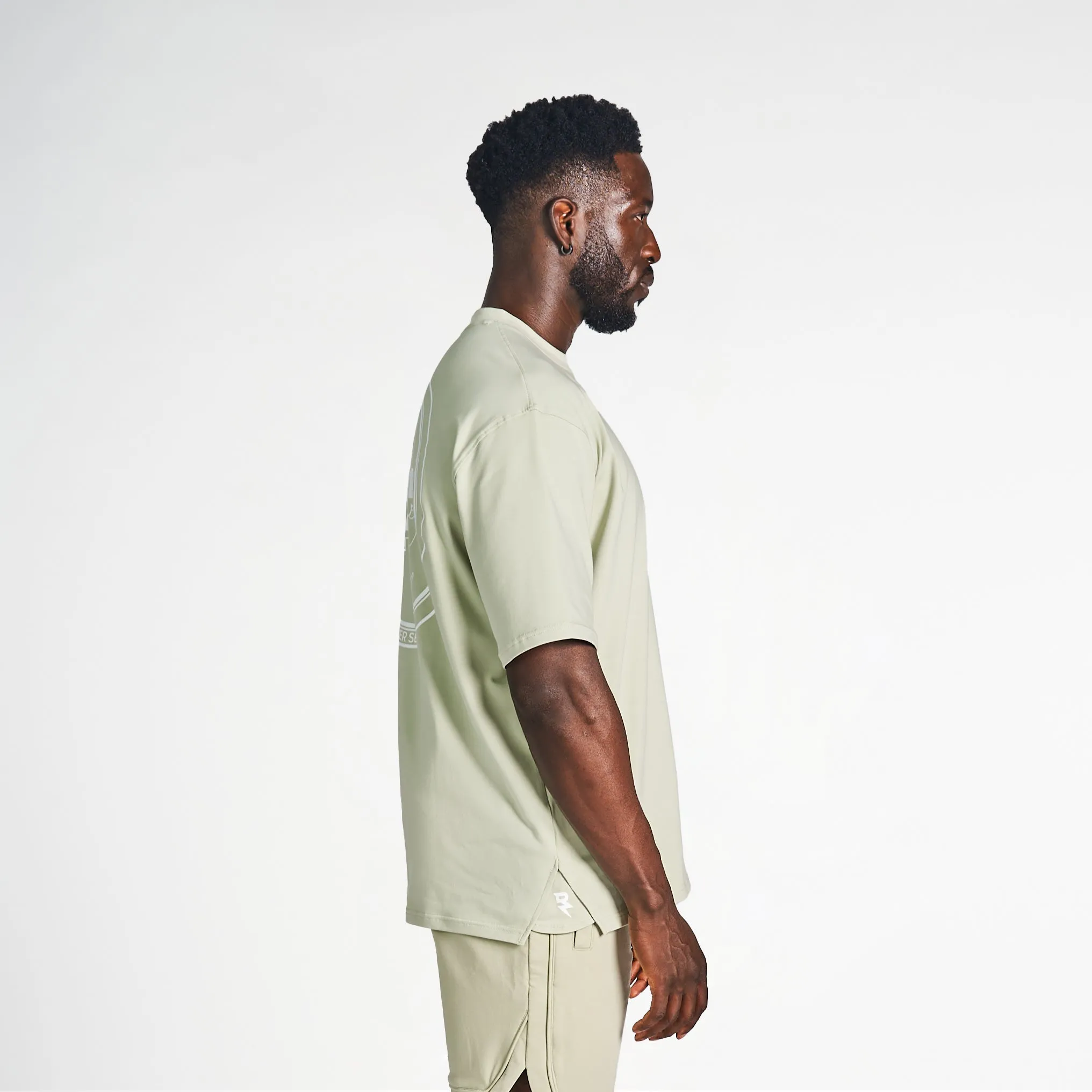 Never Settle Oversized Drop-Shoulder Tee - Desert Sage Sleek Waistband