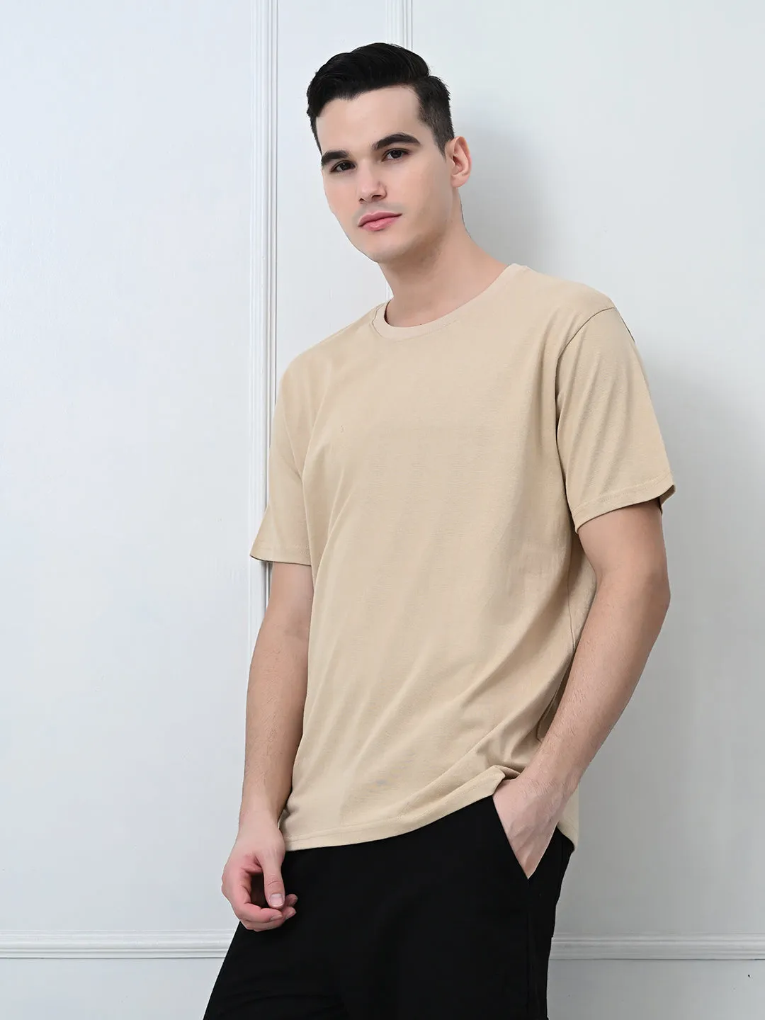 Comfy 100% Cotton Solid Regular Fit Tee - Beige Minimal Fit