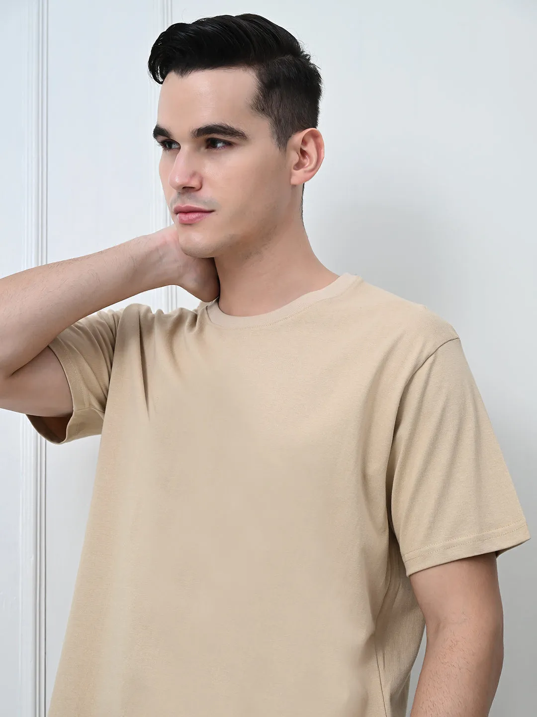 Comfy 100% Cotton Solid Regular Fit Tee - Beige Active Wearable